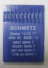 Швейные иглы Schmetz DBx1 №90 (1738; SERV 7), с тонкой колбой и заточкой избегания пропуска стежков Швейные иглы Schmetz DBx1 №90 (1738; SERV 7), с тонкой колбой и заточкой избегания пропуска стежков